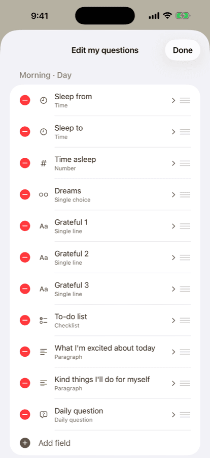 The Edit my questions screen, where prompts are added, renamed, and reordered.