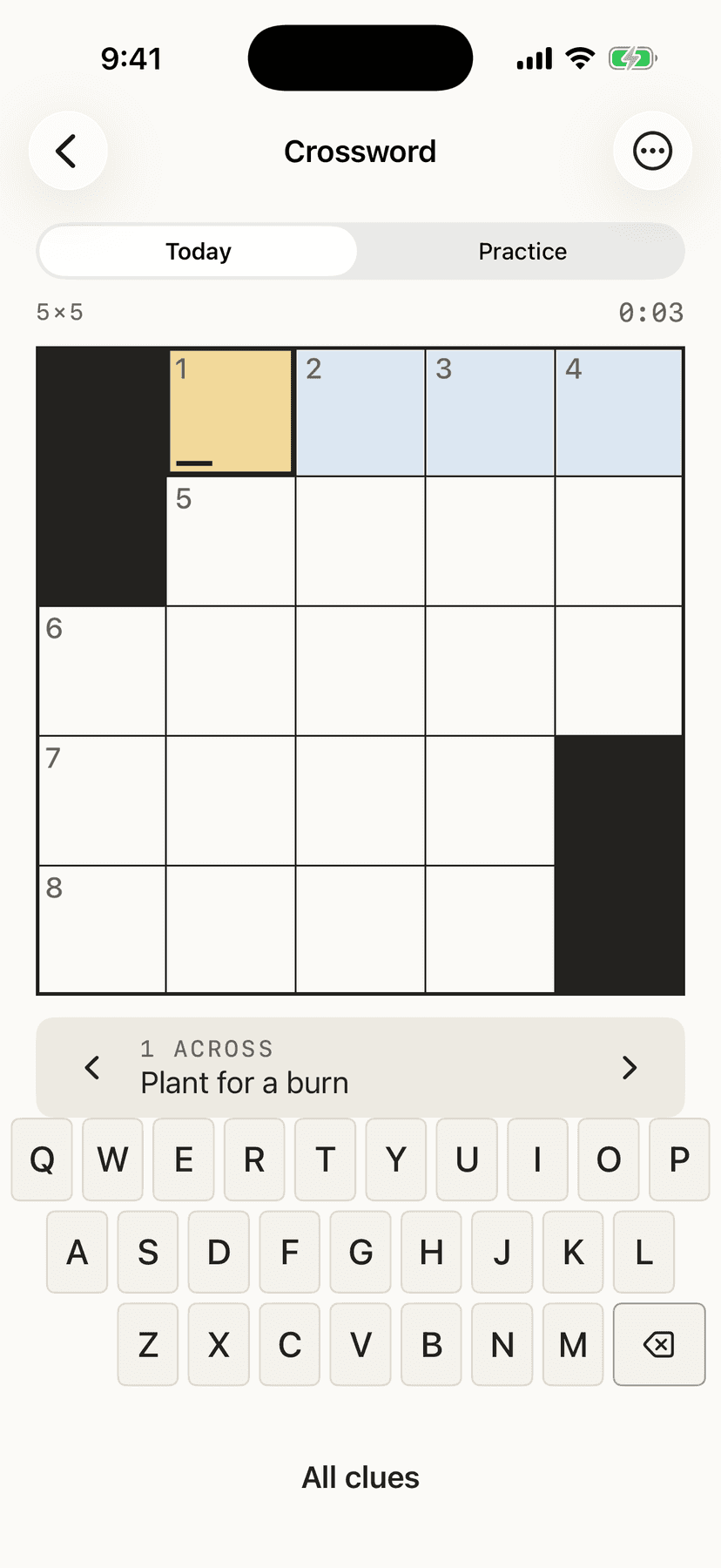 The daily five-by-five crossword, with the clue for one across shown above the keyboard.