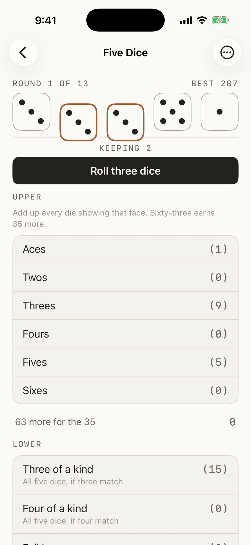 Five Dice mid-round, with two dice kept back and the thirteen scoring boxes listed below.