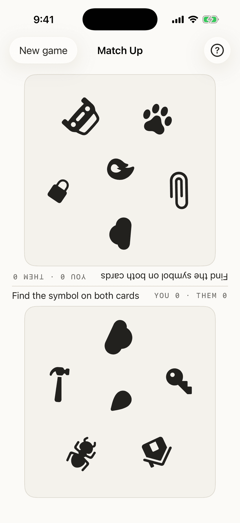 Match Up, with a card at each end of the screen facing its own player and the one symbol they share on both.