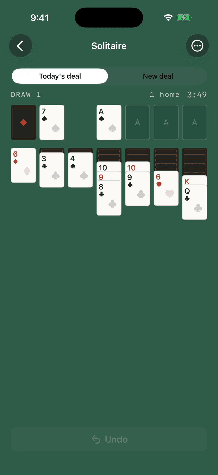 A game of Klondike solitaire in progress.
