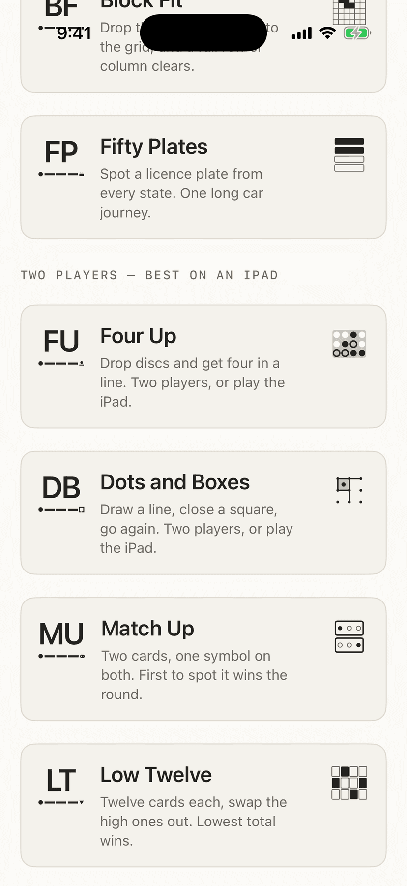 The shelf scrolled to its second heading, Two players — best on an iPad, with cards for Four Up, Dots and Boxes, Match Up and Low Twelve beneath it.