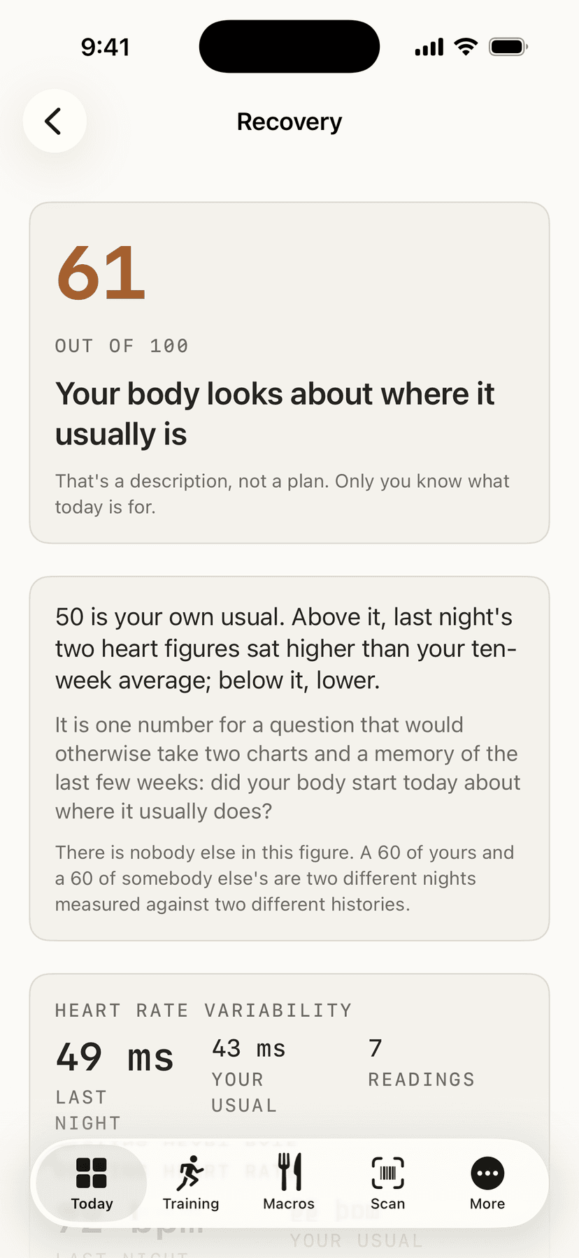 The Recovery screen: a score out of 100 with the sentence explaining what it means, and underneath it the heart-rate variability reading it was worked out from.