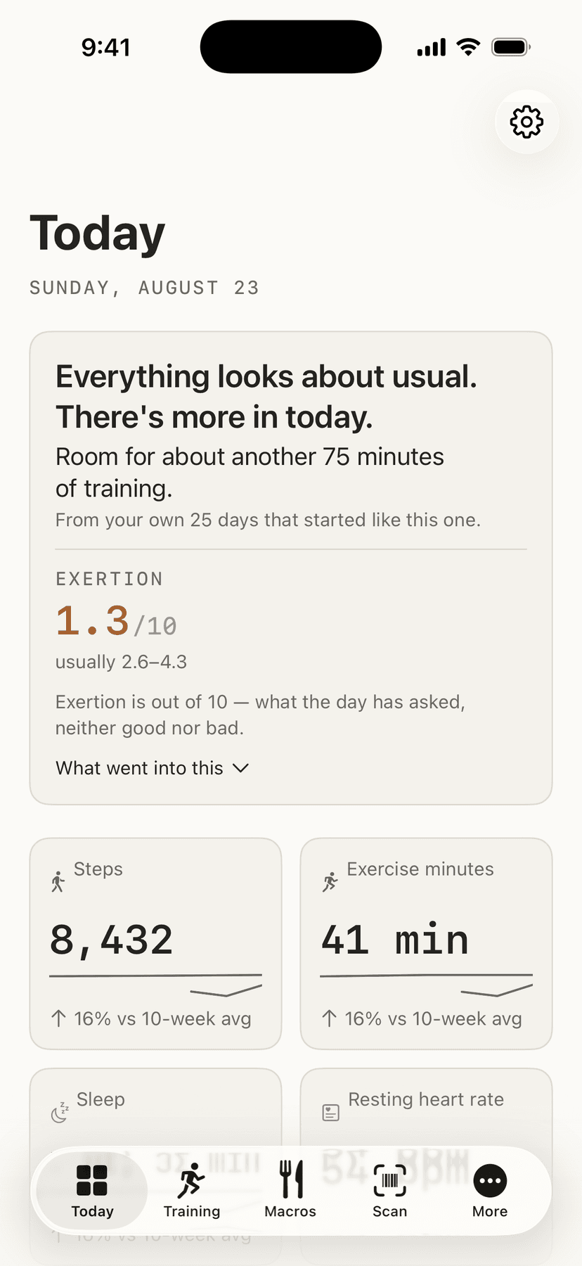 The Today screen: a plain-language summary of the day, an exertion figure against its usual range, and tiles for steps, exercise minutes, sleep and resting heart rate.