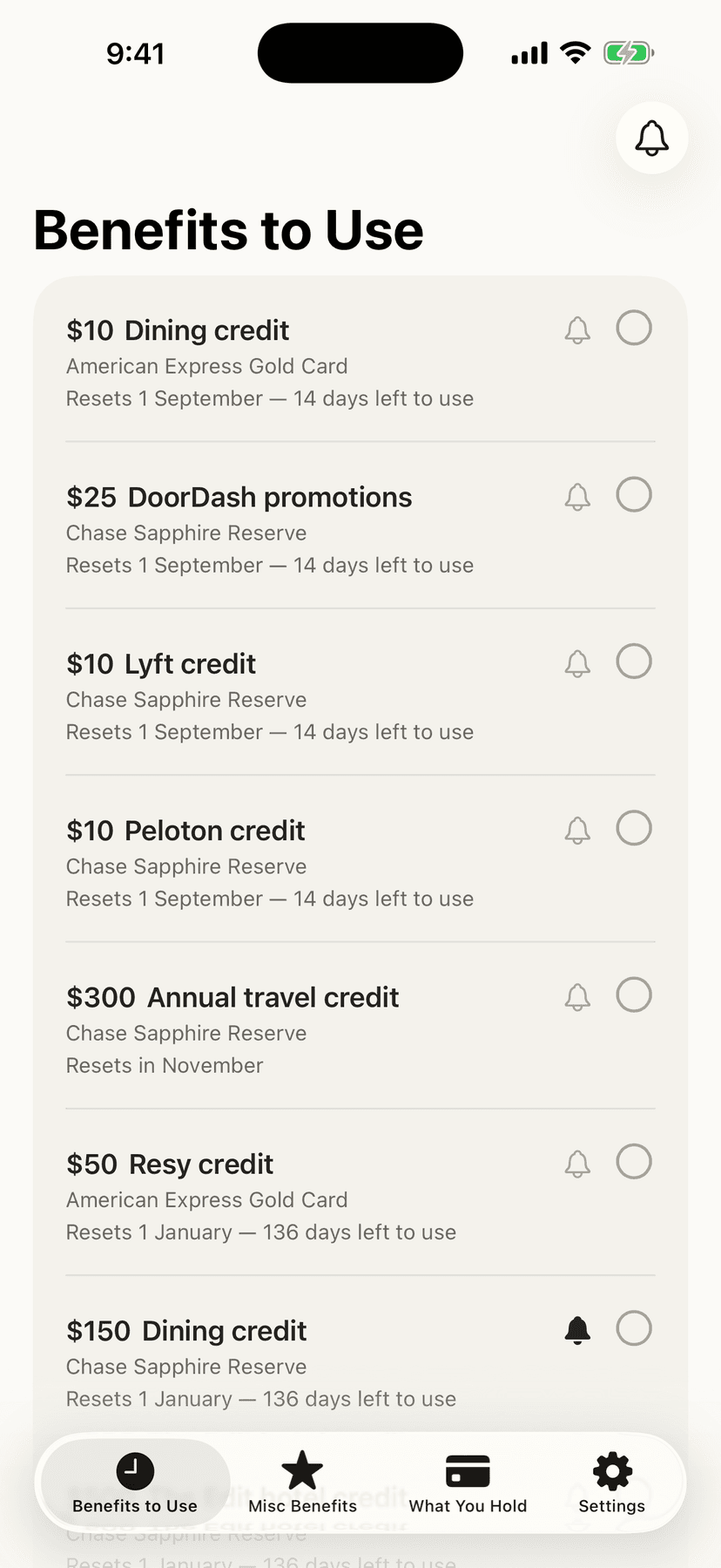 Benefits to Use: the credits that are on a clock, soonest first — $10 dining and $25 DoorDash and $10 Lyft all resetting on 1 September with fourteen days left, a $300 annual travel credit resetting in November, and a $50 Resy credit with 136 days. Each names the card it belongs to.