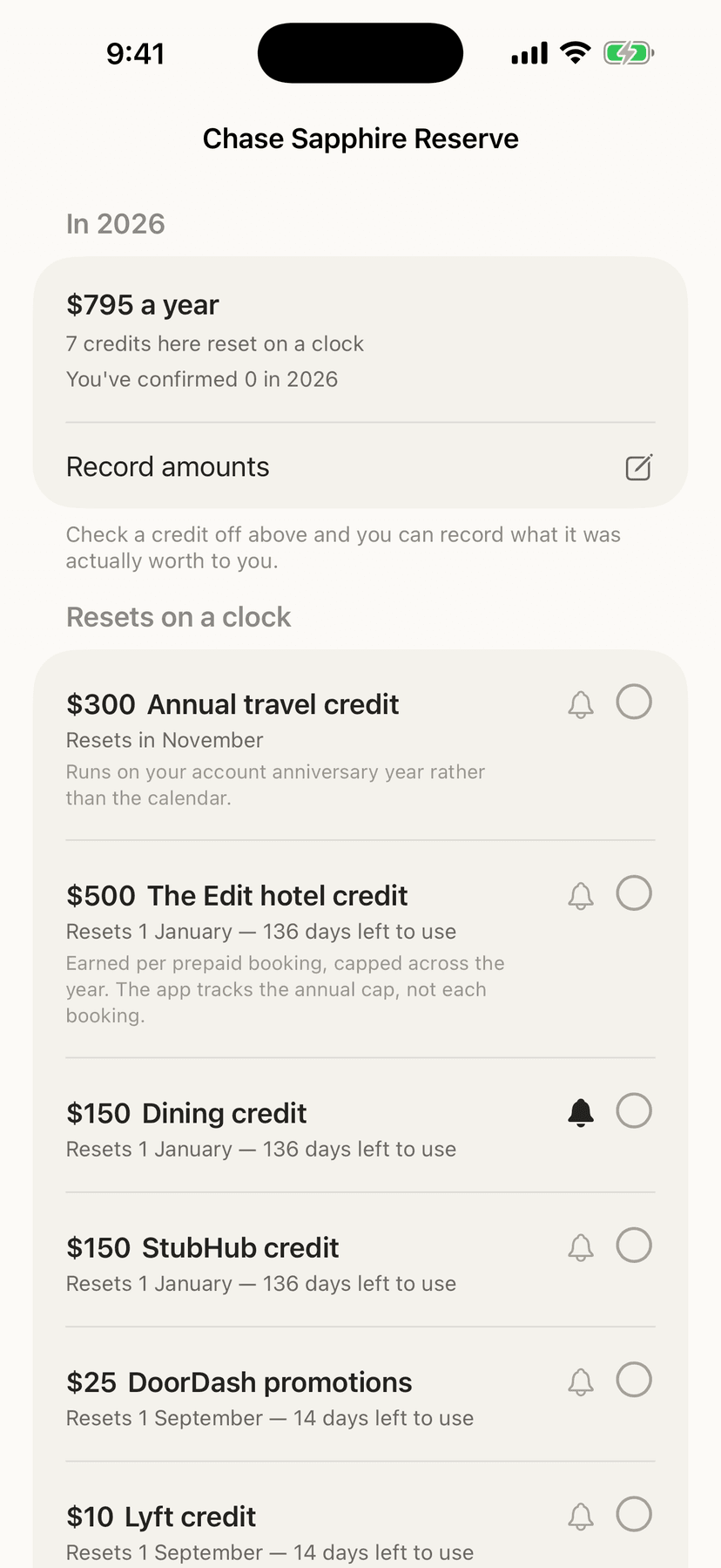 One card in full: what it costs this year, how many of its credits reset on a clock, and how many you have confirmed. Each credit carries its own reset date, and the ones that run on your account anniversary say so rather than assuming January.