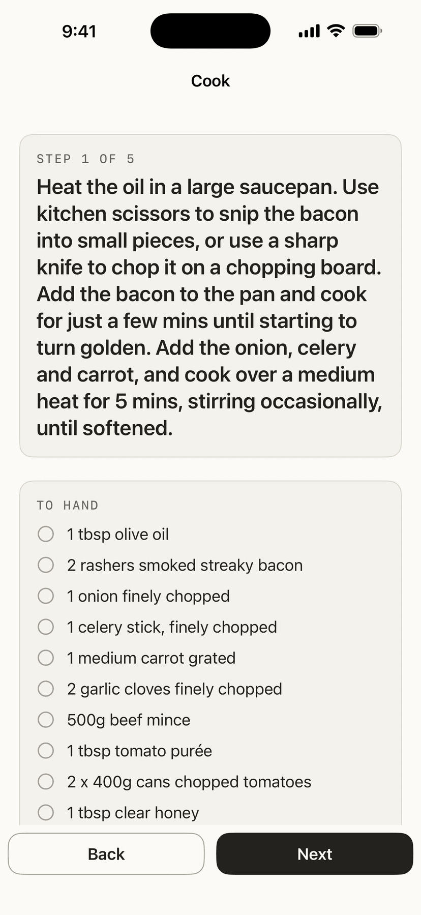 A saved recipe turned into steps, with the ingredients for the current step listed underneath as a checklist.