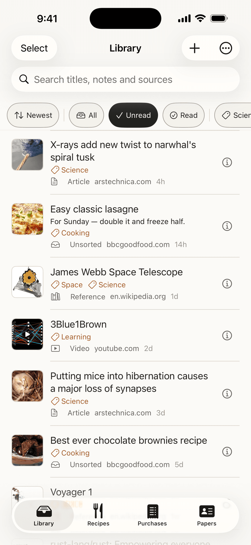 The Library tab: saved articles, recipes and videos in one list, each with its tag, its kind and the site it came from.