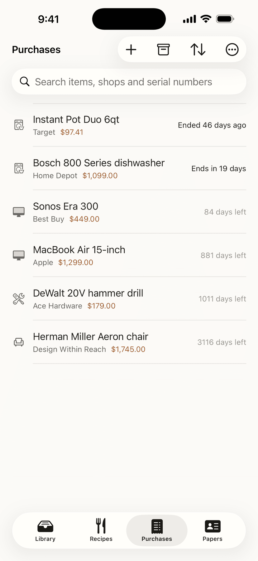 The Purchases tab: items with the shop and price paid, each showing how long its warranty has left.