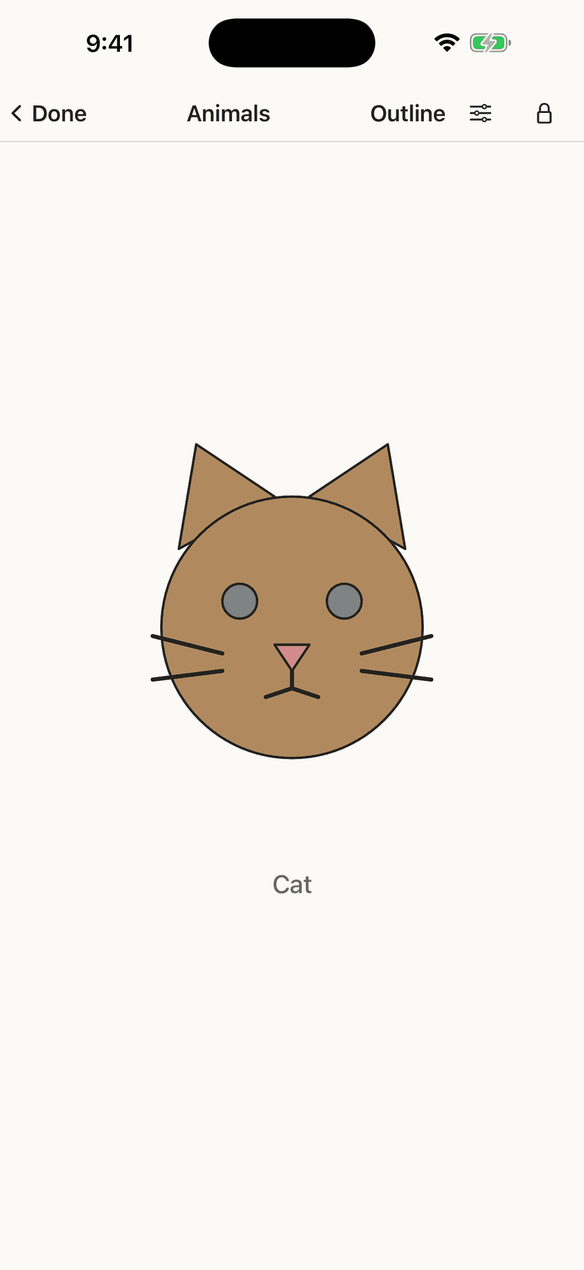 The flip book showing a cat in colour, filling the screen, with its name underneath.