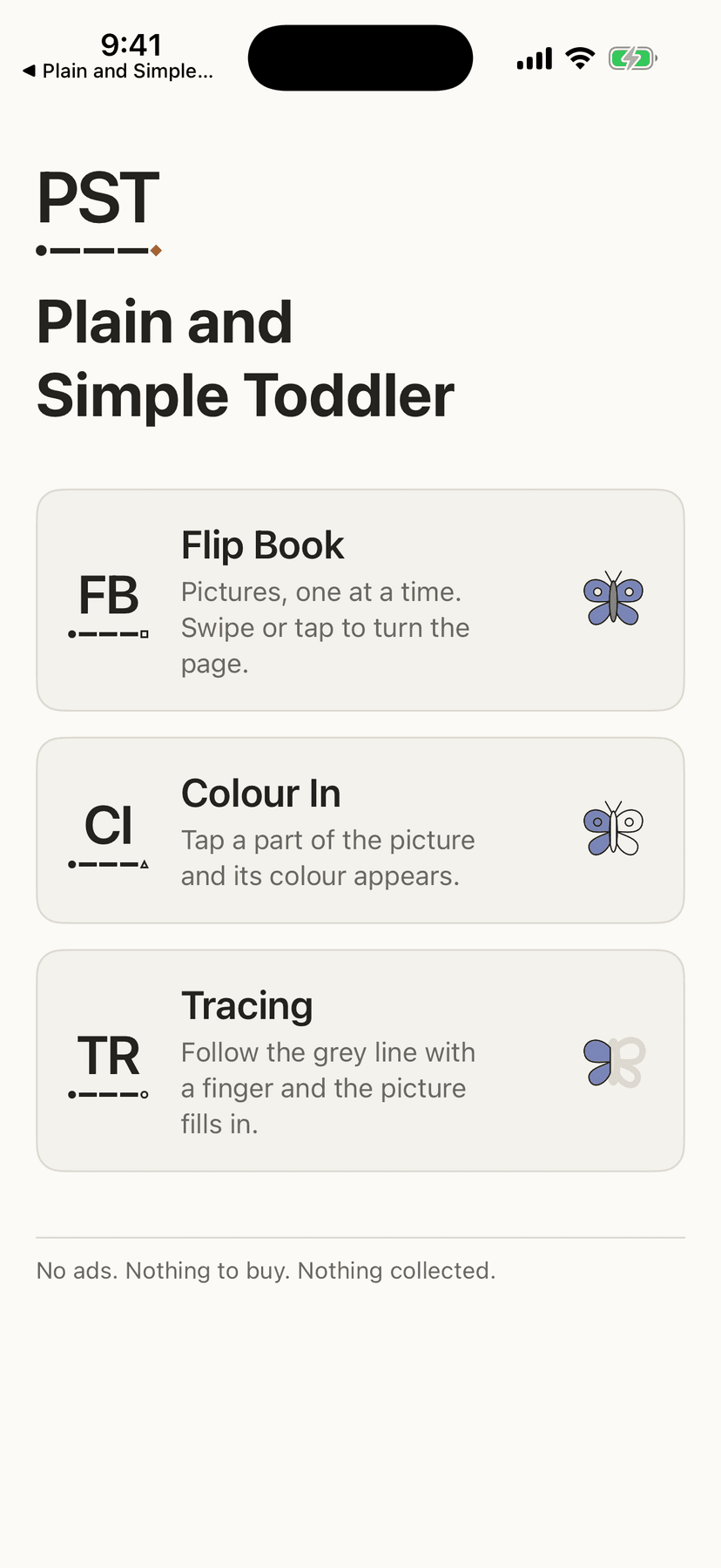 The first screen, with a card for each activity — the same butterfly drawn five ways, one per activity.