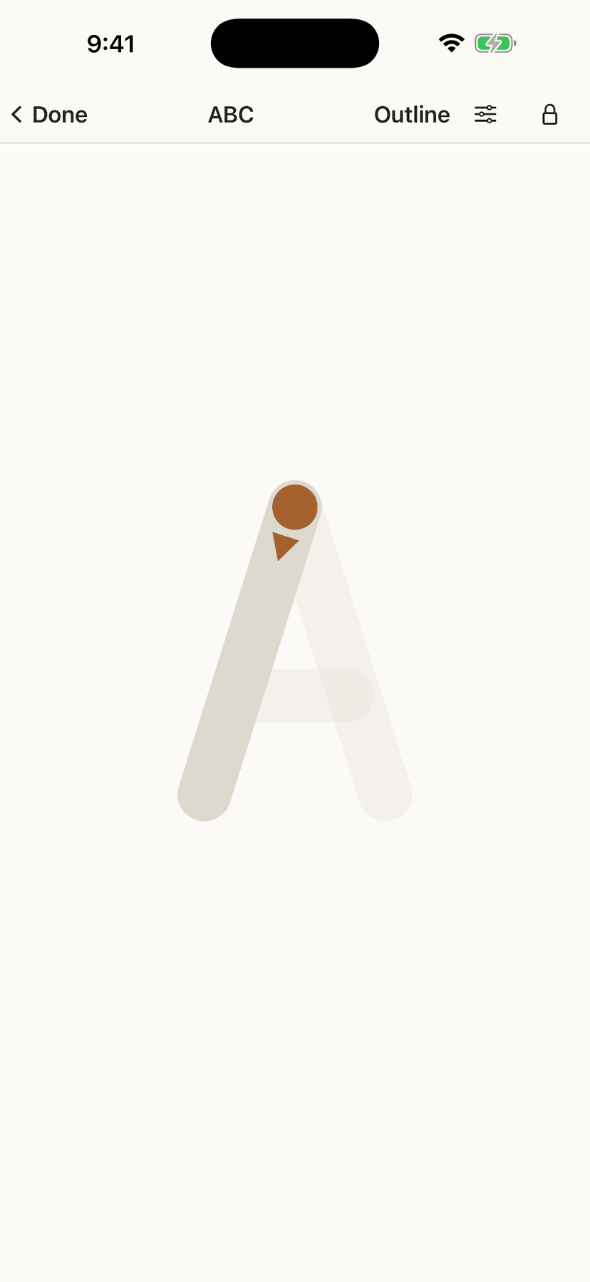Tracing the letter A, with a grey guide, a start dot and an arrow showing which way the stroke goes.