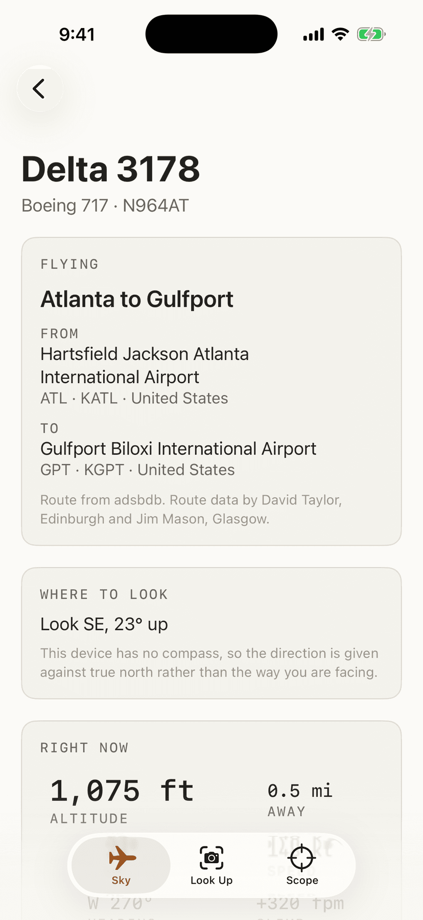 One aircraft in full: a Delta Boeing 717 flying Atlanta to Gulfport, with the two airports named, which way to look, and its height, speed, heading and climb.