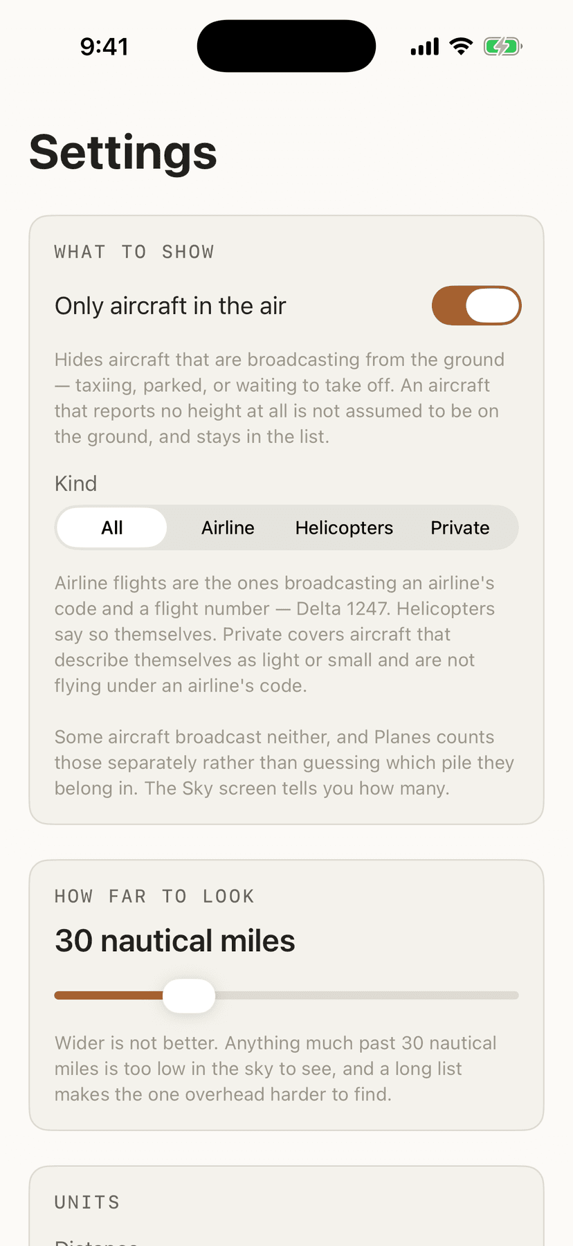 Settings: filters for what to show, how far to look, units, and a plain statement of what leaves your phone.