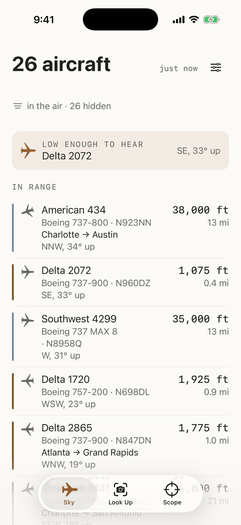 The Sky list: twenty-six aircraft overhead, each with its height, how far away it is, and which way to look — and, where it can be confirmed, where it is flying from and to.