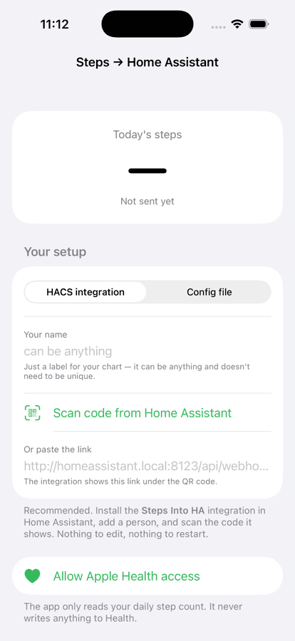 The first-run screen, before a Home Assistant address has been entered.