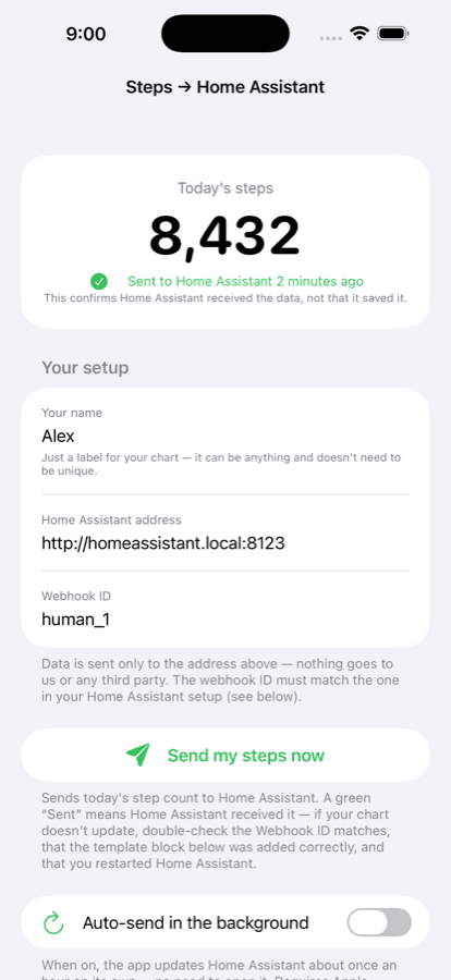 The home screen after a successful send, with automatic sending switched on.