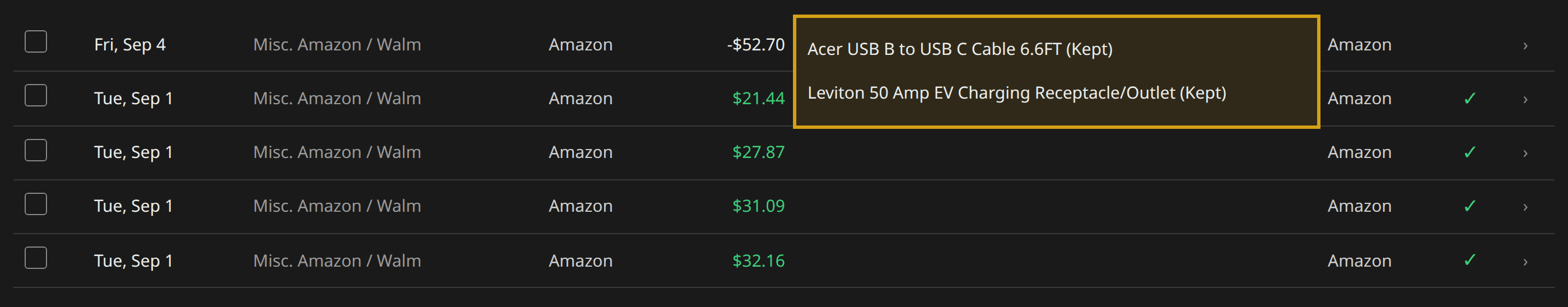 Lunch Money notes showing product names on a multi-item Amazon purchase marked Kept.